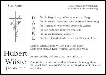 Anzeige von Hubert Wüste von Kölner Stadt-Anzeiger / Kölnische Rundschau / Express