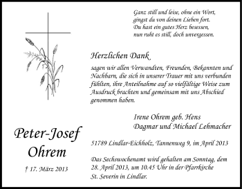 Anzeige von Peter-Josef Ohrem von Kölner Stadt-Anzeiger / Kölnische Rundschau / Express