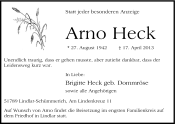 Anzeige von Arno Heck von Kölner Stadt-Anzeiger / Kölnische Rundschau / Express