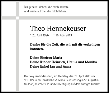 Anzeige von Theo Hennekeuser von Kölner Stadt-Anzeiger / Kölnische Rundschau / Express