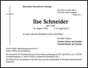 Anzeige von Ilse Schneider von Kölner Stadt-Anzeiger / Kölnische Rundschau / Express