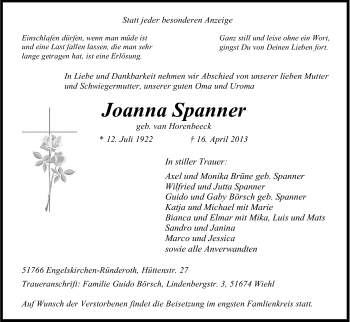 Anzeige von Joanna Spanner von Kölner Stadt-Anzeiger / Kölnische Rundschau / Express
