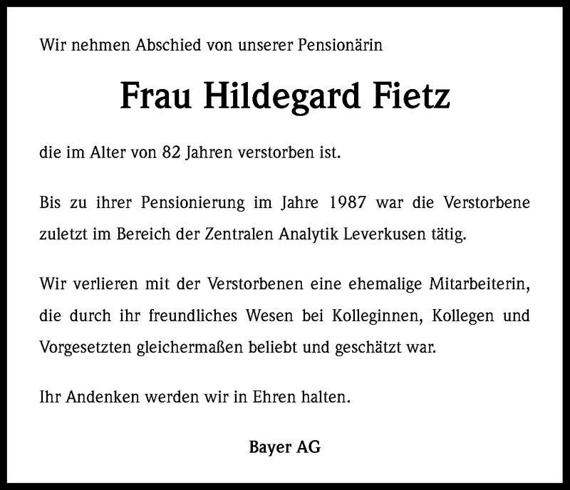  Traueranzeige für Hildegard Fietz vom 23.04.2013 aus Kölner Stadt-Anzeiger / Kölnische Rundschau / Express