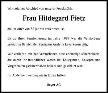 Anzeige von Hildegard Fietz von Kölner Stadt-Anzeiger / Kölnische Rundschau / Express