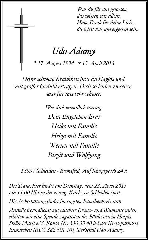  Traueranzeige für Udo Adamy vom 19.04.2013 aus Kölner Stadt-Anzeiger / Kölnische Rundschau / Express