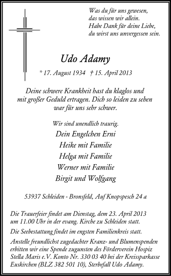 Anzeige von Udo Adamy von Kölner Stadt-Anzeiger / Kölnische Rundschau / Express