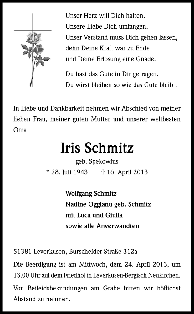  Traueranzeige für Iris Schmitz vom 20.04.2013 aus Kölner Stadt-Anzeiger / Kölnische Rundschau / Express