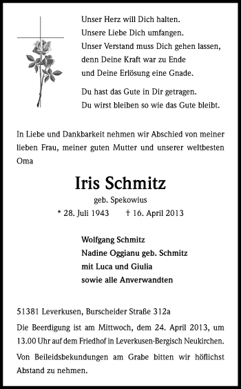 Anzeige von Iris Schmitz von Kölner Stadt-Anzeiger / Kölnische Rundschau / Express