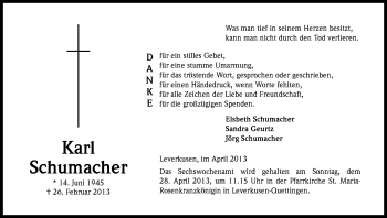 Anzeige von Karl Schumacher von Kölner Stadt-Anzeiger / Kölnische Rundschau / Express