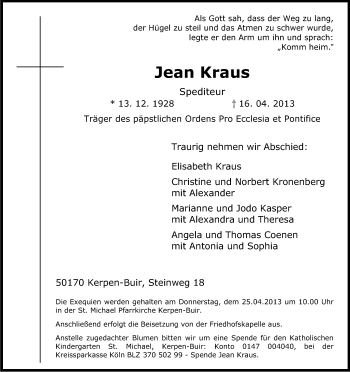 Anzeige von Jean Kraus von Kölner Stadt-Anzeiger / Kölnische Rundschau / Express