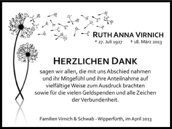 Anzeige von Ruth Anna Virnich von Kölner Stadt-Anzeiger / Kölnische Rundschau / Express