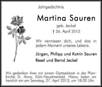 Anzeige von Martina Sauren von Kölner Stadt-Anzeiger / Kölnische Rundschau / Express