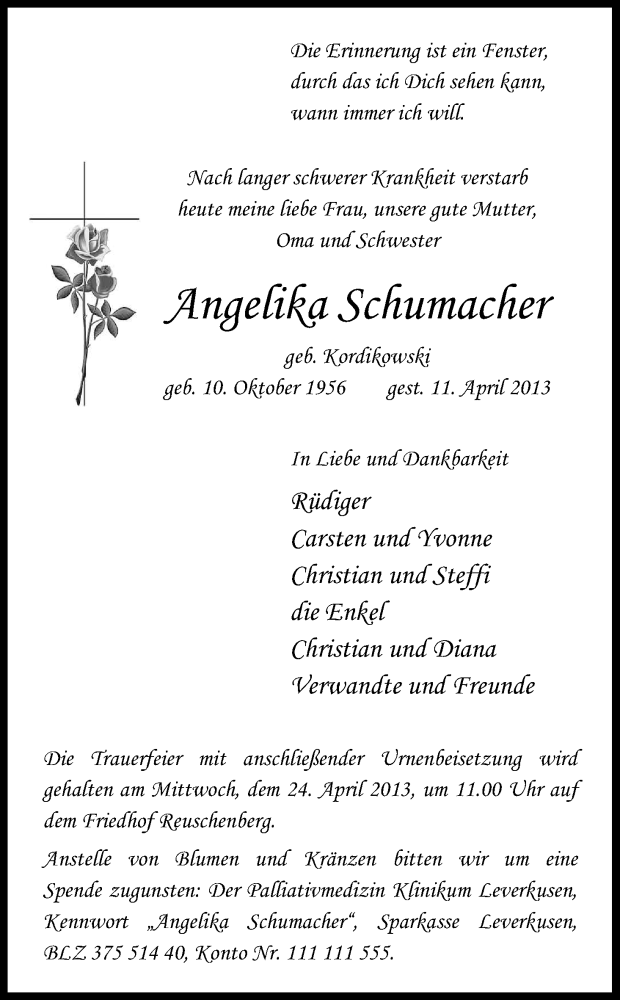  Traueranzeige für Angelika Schumacher vom 20.04.2013 aus Kölner Stadt-Anzeiger / Kölnische Rundschau / Express