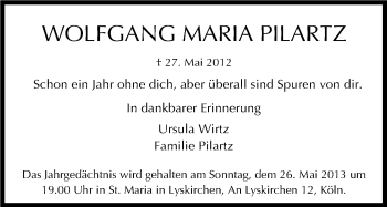 Anzeige von Wolfgang Maria Pilartz von Kölner Stadt-Anzeiger / Kölnische Rundschau / Express