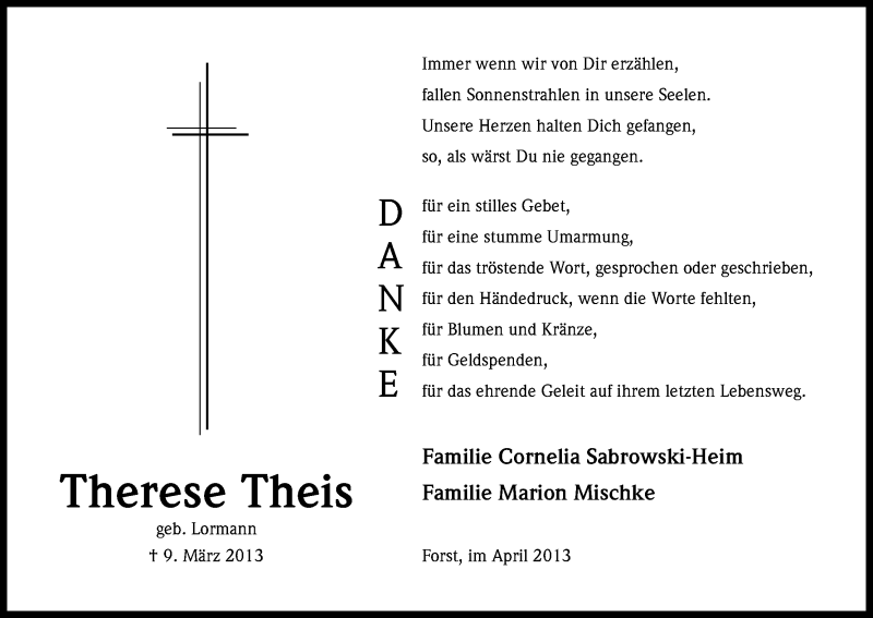  Traueranzeige für Therese Theis vom 20.04.2013 aus Kölner Stadt-Anzeiger / Kölnische Rundschau / Express