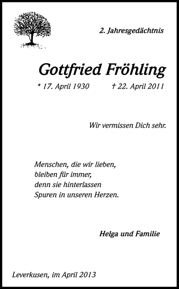 Anzeige von Gottfried Fröhling von Kölner Stadt-Anzeiger / Kölnische Rundschau / Express