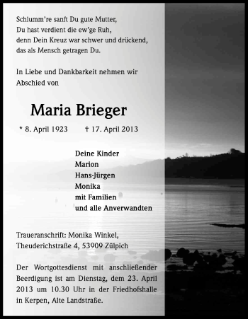 Anzeige von Maria Brieger von Kölner Stadt-Anzeiger / Kölnische Rundschau / Express