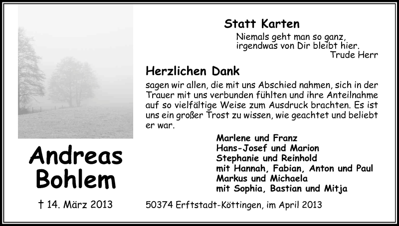  Traueranzeige für Andreas Bohlem vom 24.04.2013 aus Kölner Stadt-Anzeiger / Kölnische Rundschau / Express