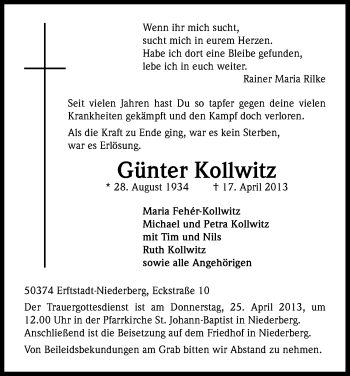 Anzeige von Günter Kollwitz von Kölner Stadt-Anzeiger / Kölnische Rundschau / Express