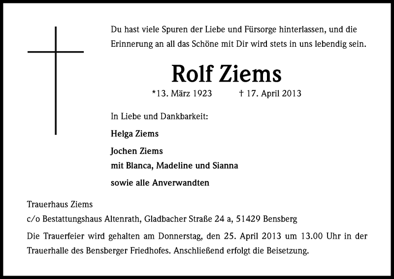  Traueranzeige für Rolf Ziems vom 20.04.2013 aus Kölner Stadt-Anzeiger / Kölnische Rundschau / Express