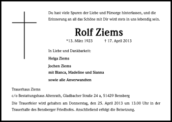 Anzeige von Rolf Ziems von Kölner Stadt-Anzeiger / Kölnische Rundschau / Express