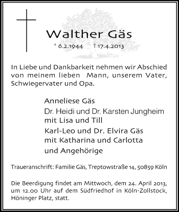 Anzeige von Walther Gäs von Kölner Stadt-Anzeiger / Kölnische Rundschau / Express