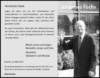 Anzeige von Johannes Fuchs von Kölner Stadt-Anzeiger / Kölnische Rundschau / Express