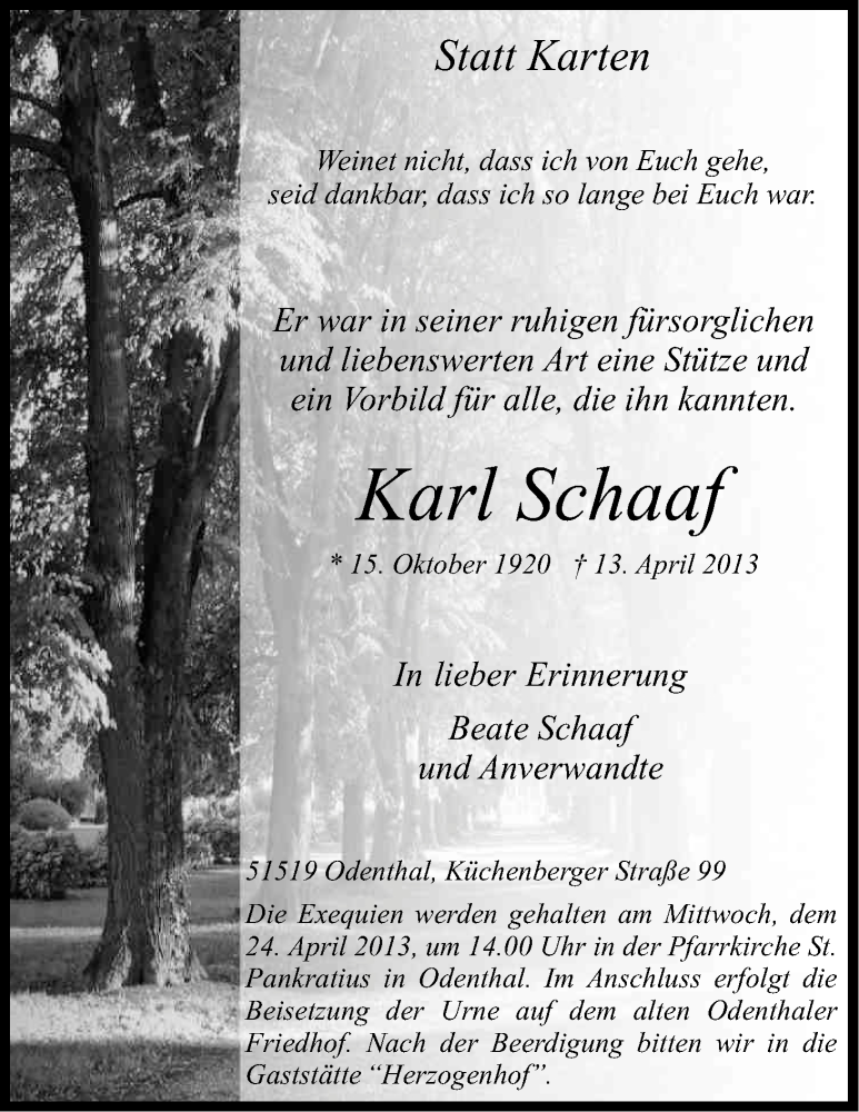  Traueranzeige für Karl Schaaf vom 19.04.2013 aus Kölner Stadt-Anzeiger / Kölnische Rundschau / Express