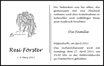 Anzeige von Resi Förster von Kölner Stadt-Anzeiger / Kölnische Rundschau / Express