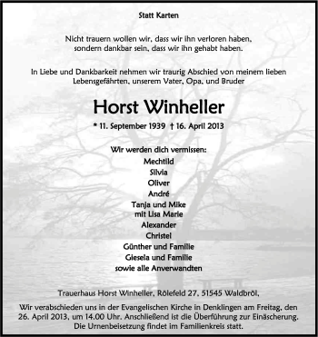 Anzeige von Horst Winheller von Kölner Stadt-Anzeiger / Kölnische Rundschau / Express