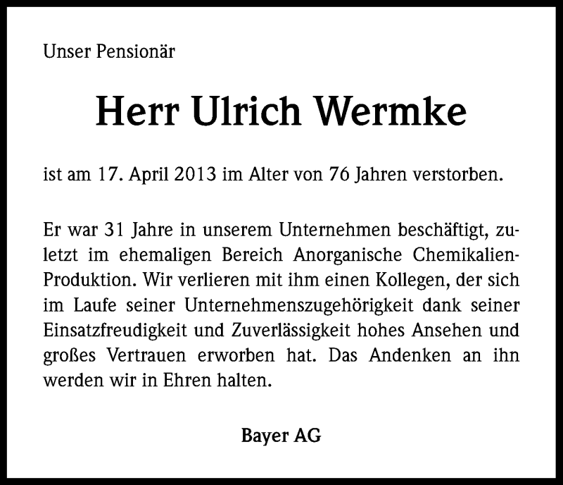  Traueranzeige für Ulrich Wermke vom 19.04.2013 aus Kölner Stadt-Anzeiger / Kölnische Rundschau / Express