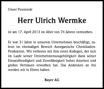 Anzeige von Ulrich Wermke von Kölner Stadt-Anzeiger / Kölnische Rundschau / Express