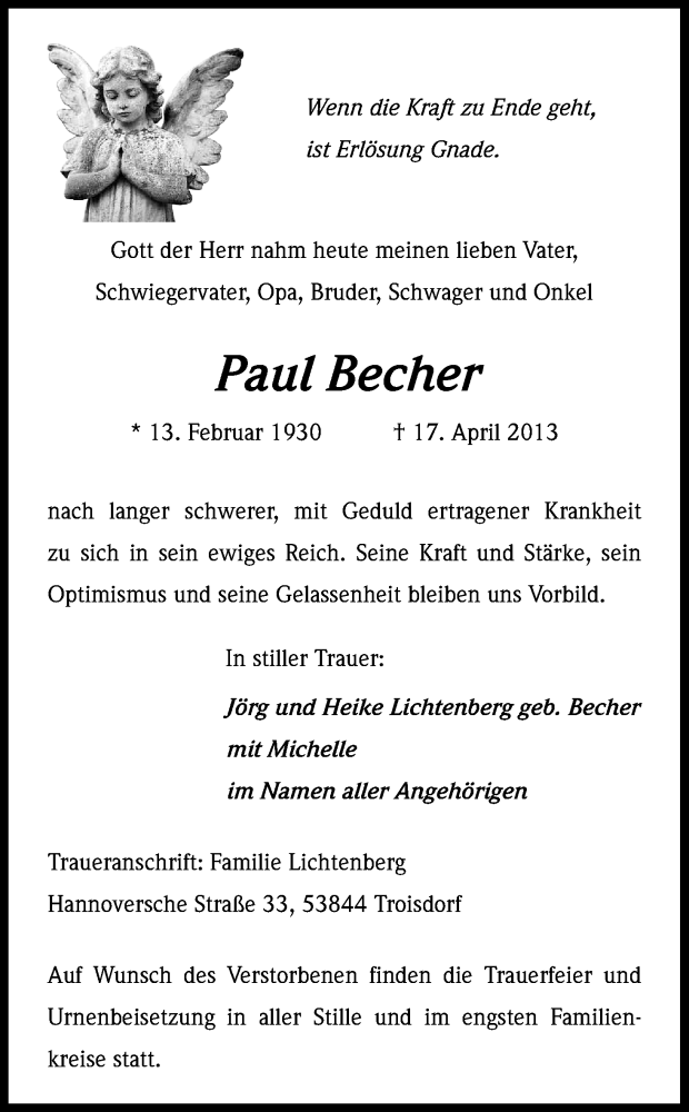  Traueranzeige für Paul Becher vom 20.04.2013 aus Kölner Stadt-Anzeiger / Kölnische Rundschau / Express