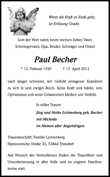 Anzeige von Paul Becher von Kölner Stadt-Anzeiger / Kölnische Rundschau / Express