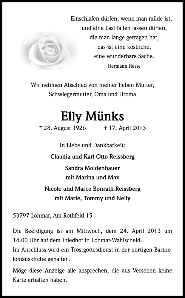  Traueranzeige für Elly Münks vom 20.04.2013 aus Kölner Stadt-Anzeiger / Kölnische Rundschau / Express