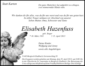 Anzeige von Elisabeth Hazenfuss von Kölner Stadt-Anzeiger / Kölnische Rundschau / Express
