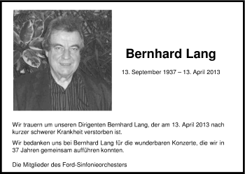 Anzeige von Bernhard Lang von Kölner Stadt-Anzeiger / Kölnische Rundschau / Express