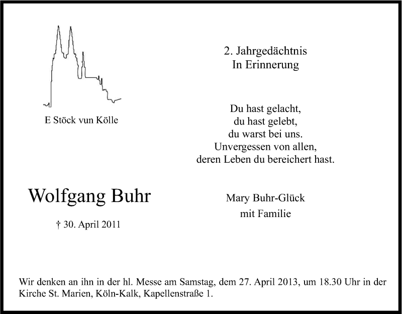  Traueranzeige für Wolfgang Buhr vom 20.04.2013 aus Kölner Stadt-Anzeiger / Kölnische Rundschau / Express