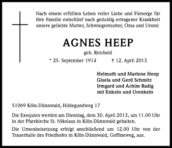Anzeige von Agnes Heep von Kölner Stadt-Anzeiger / Kölnische Rundschau / Express