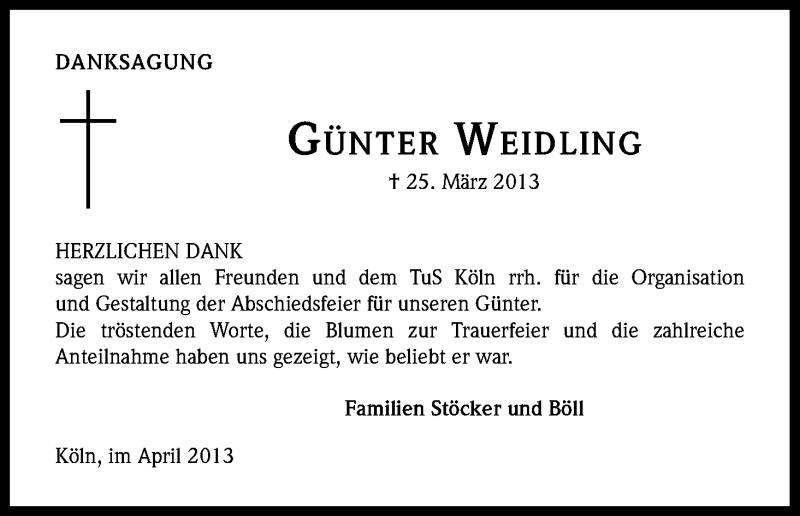  Traueranzeige für Günter Weidling vom 20.04.2013 aus Kölner Stadt-Anzeiger / Kölnische Rundschau / Express