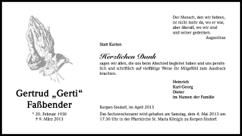 Anzeige von Gertrud Faßbender von Kölner Stadt-Anzeiger / Kölnische Rundschau / Express