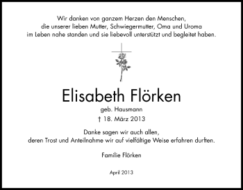 Anzeige von Elisabeth Flörken von Kölner Stadt-Anzeiger / Kölnische Rundschau / Express