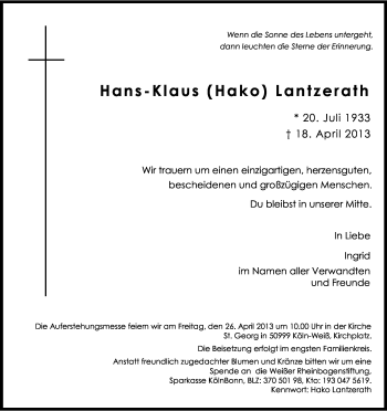 Anzeige von Hans-Klaus Lantzerath von Kölner Stadt-Anzeiger / Kölnische Rundschau / Express