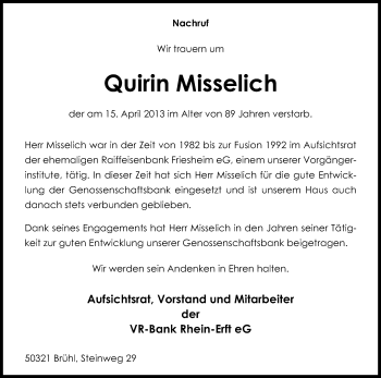 Anzeige von Quirin Misselich von Kölner Stadt-Anzeiger / Kölnische Rundschau / Express