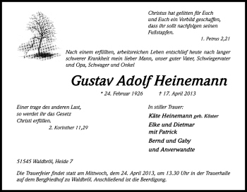 Anzeige von Gustav Adolf Heinemann von Kölner Stadt-Anzeiger / Kölnische Rundschau / Express
