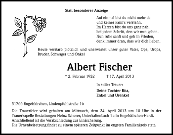 Anzeige von Albert Fischer von Kölner Stadt-Anzeiger / Kölnische Rundschau / Express