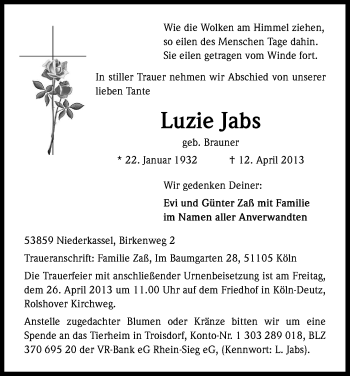 Anzeige von Luzie Jabs von Kölner Stadt-Anzeiger / Kölnische Rundschau / Express