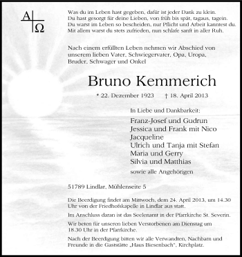 Anzeige von Bruno Kemmerich von Kölner Stadt-Anzeiger / Kölnische Rundschau / Express