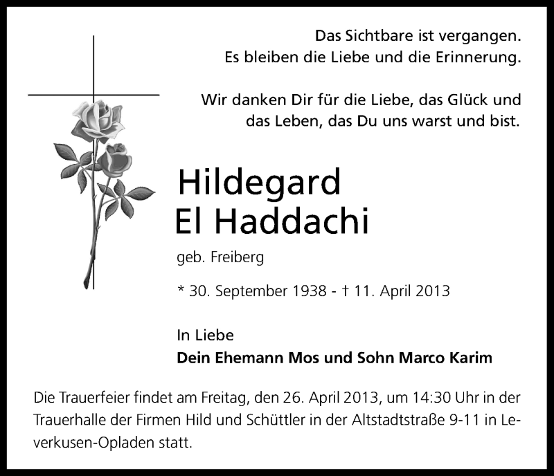  Traueranzeige für Hildegard  El Haddachi vom 20.04.2013 aus Kölner Stadt-Anzeiger / Kölnische Rundschau / Express