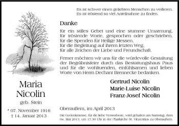 Anzeige von Maria Nicolin von Kölner Stadt-Anzeiger / Kölnische Rundschau / Express